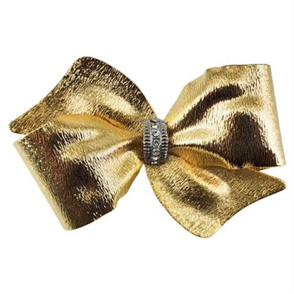 Vintage Golden Rhinestone Bow Brooch Pin Glam MCM Party Festive Retro Costume - Picture 1 of 5